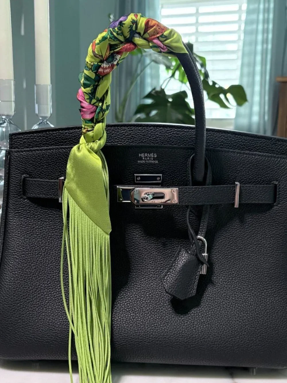 Vibrant Green Print Fringe Handbag Wrap Scarf Purse Accessory